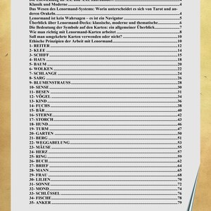 May include: A table of contents page titled INHALT, listing sections and numbered chapters from 1 to 35 for a Lenormand oracle deck guide. The text is printed in black on a light beige background with a dark border and a silver pen icon at the bottom.