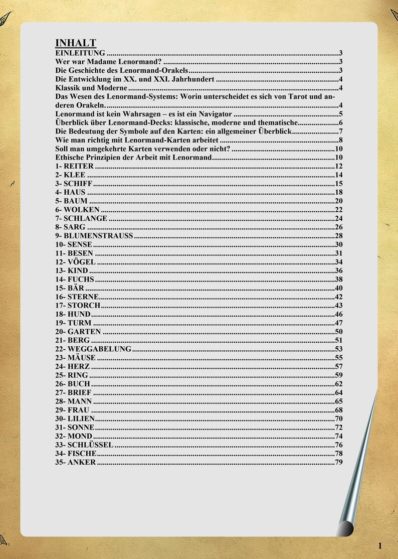 May include: A table of contents page titled INHALT, listing sections and numbered chapters from 1 to 35 for a Lenormand oracle deck guide. The text is printed in black on a light beige background with a dark border and a silver pen icon at the bottom.
