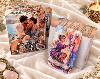 May include: A deck of Psychological Oracle cards titled Atlas of the Soul, featuring a box with a couple on the cover and a single card in front displaying a person painting with vibrant colors, labeled Need for Self Expression and numbered 6.18.