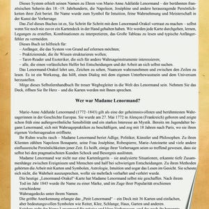 May include: A page from a book with a beige background and black text. The header reads EINLEITUNG, followed by paragraphs explaining the Lenormand oracle system. A second section titled Wer war Madame Lenormand? details the history of the fortune teller.