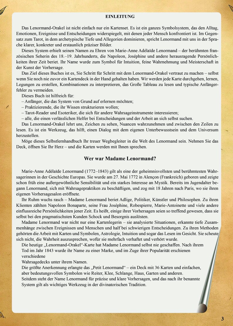 May include: A page from a book with a beige background and black text. The header reads EINLEITUNG, followed by paragraphs explaining the Lenormand oracle system. A second section titled Wer war Madame Lenormand? details the history of the fortune teller.
