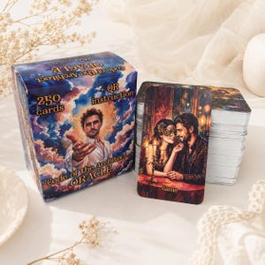 May include: A deck of 250 Code of the Architect ORACLE cards featuring a box with a man reaching out against a cloudy sky and a single card showing a couple at a candlelit table. The box includes text stating 250 cards and QR instruction.