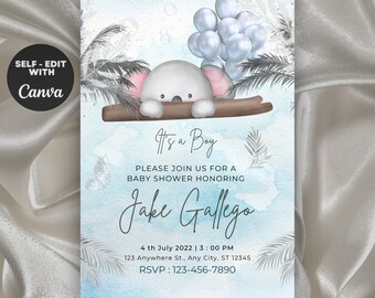 Editable Baby Shower Invitation Card Blue Baby Boy Invite Template Printable Koala Boy Baby Shower Blue Invitation Floral Blue Baby Shower