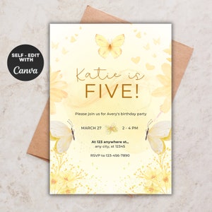 Editable Yellow Birthday Invitation Card Floral Birthday Invite 5th Birthday Party Invite Butterfly Girl Invitation Party Yellow Celebration