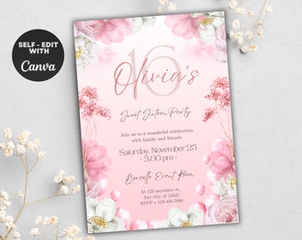 Sweet 16 Pink Birthday Invite Pink Floral Birthday Invitation Princess Birthday Party Card Butterflies Girl Birthday Card Editable Template