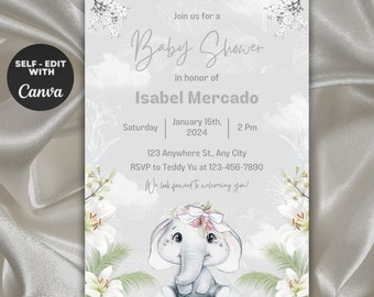 Editable Baby Shower Invitation Card White Baby Invite Canva Template Printable Baby Shower Invitation Floral White Elephant Baby Shower