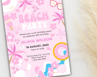 Pink Beach Party Invitation Celebrate Beach Party Invite Printable Pink Birthday Anniversary Beach Invitation Summer Beach Party Invite Card