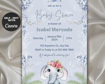 Editable Baby Shower Invitation Card Blue Baby Boy Invite Canva Template Printable Baby Shower Blue Invitation Floral Blue Elephant Boy Baby