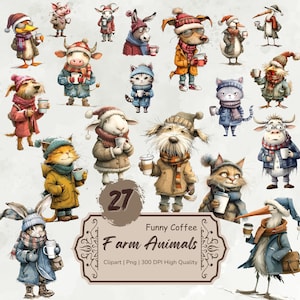 Acuarela divertida granja café animales clipart, animales de granja caprichosos png, animales extravagantes con gráficos de café, animales de dibujos animados lindos descargar