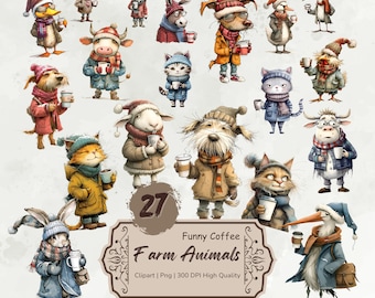 Acuarela divertida granja café animales clipart, animales de granja caprichosos png, animales extravagantes con gráficos de café, animales de dibujos animados lindos descargar