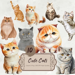 Cute Cats Clipart Bundle, Cats Watercolor Clipart, Animals Clipart, Cats Png Transparent, Card Making, Commercial Use, Digital Download