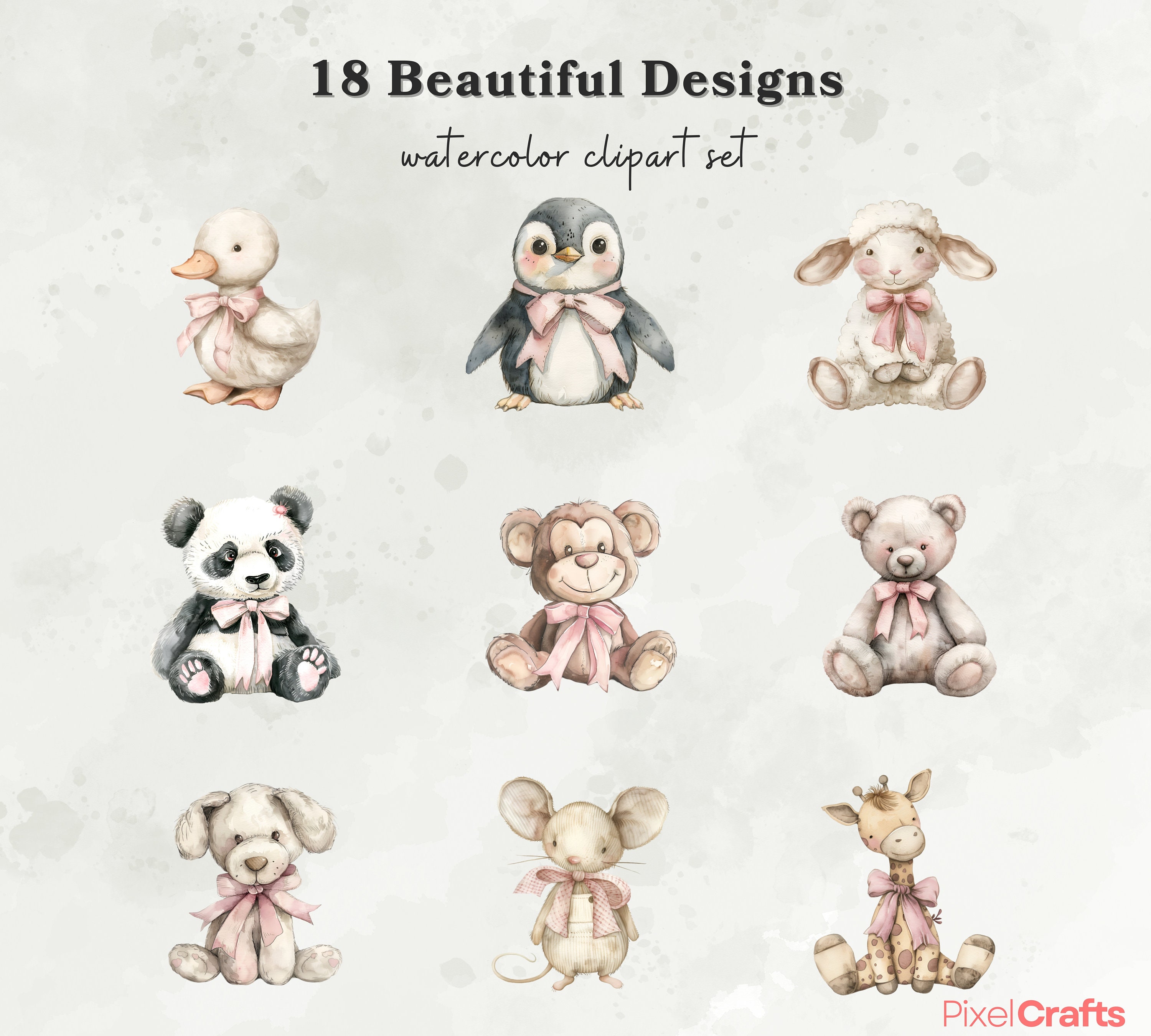 Watercolor Pink Plush Animals Clipart, Vintage Nursery Animal Clipart ...