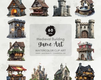 Medieval Game Building Clipart, Video Game Clipart, Gamer Graphics, Fantasy Clipart Bundle, Printable Watercolor Clipart, Game Art Download