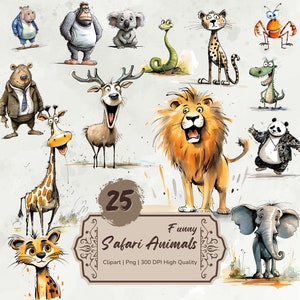 Acuarela divertidos animales de safari clipart, animales de dibujos animados lindos, elefante peculiar png, paquete de animales de caricatura de África, pegatinas digitales