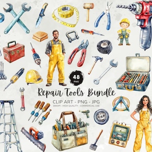 Bundle de clipart outils de réparation, aquarelle outil à main Png, graphiques d'outils de construction, boîte à outils pour homme à tout faire Png, usage commercial, téléchargement numérique