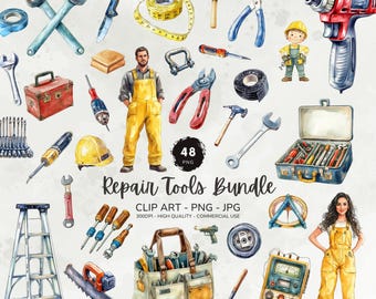 Repair Tools Clipart Bundle, Watercolor Hand Tool Png, Construction Tools Graphics, Handyman Toolbox Png, Commercial Use, Digital Download