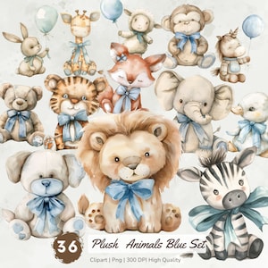 Clipart di animali di peluche blu acquerello, pacchetto di clipart di animali della scuola materna vintage, grafica di decorazioni per animali per bambini, download di invito per feste di baby shower