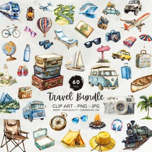 Pacote de clipart de viagem, gráficos de viagem, clipart de férias de verão, acampamento, viagem vintage png, avião, mala, passagem, bagagem png para download