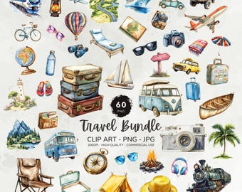 Travel Clipart Bundle, Travel Graphics, Summer Holiday Clipart, Camping, Vintage Travel Png, Plane, Suitcase, Ticket, Luggage Png Download