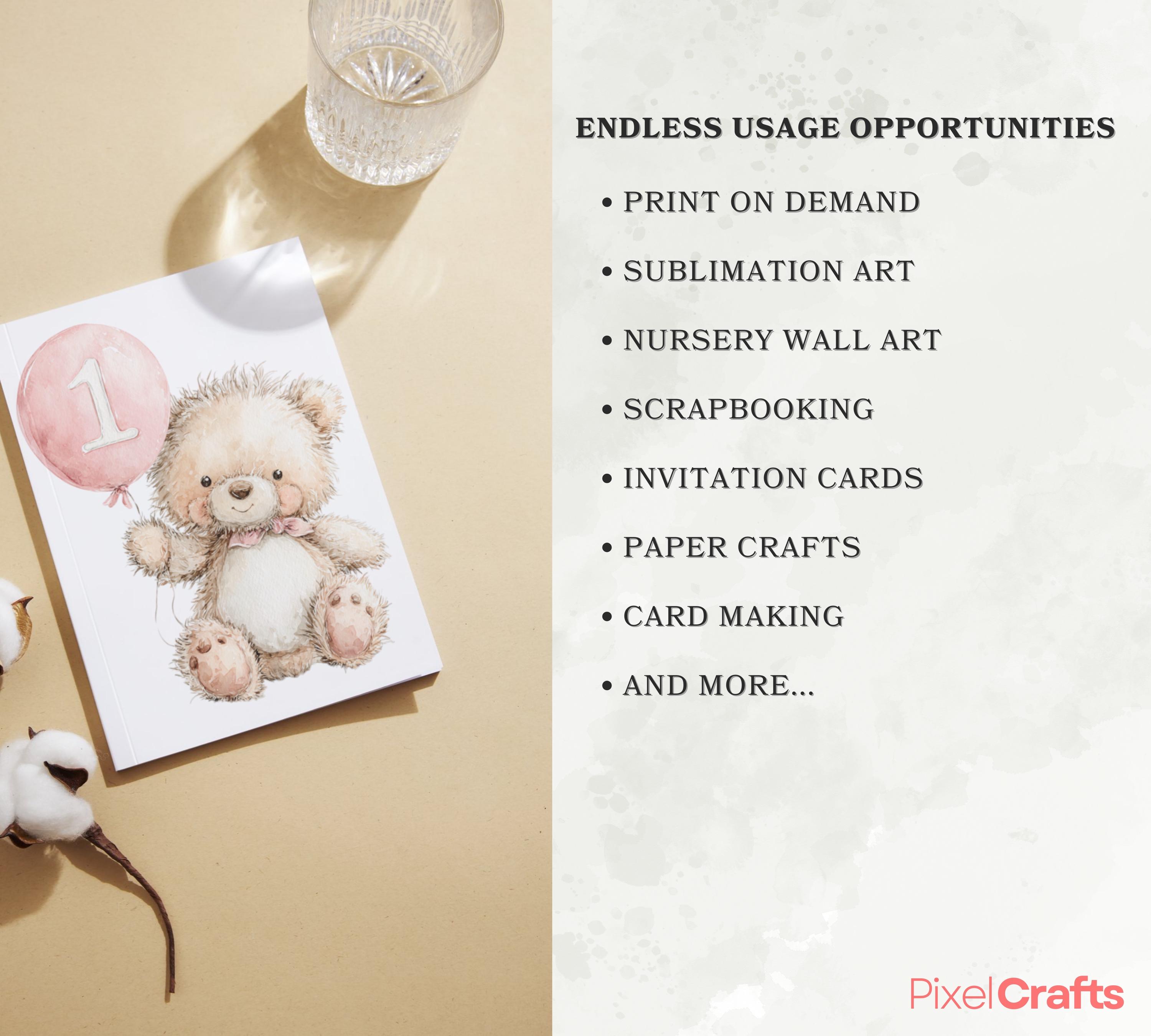 First Birthday Teddy Bear Clipart Set, Watercolor Bear Cake Png, 1st ...