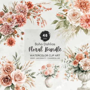 Watercolor Floral Clipart, Boho Flowers Dahlias Floral Clipart Bundle, Floral Arrangement, Pink Roses Png, Elegant Flowers Clipart Pack