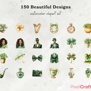 May include: A set of 150 watercolor clipart designs featuring various St. Patrick's Day themed illustrations, including shamrocks, harps, horseshoes, leprechauns, and more.