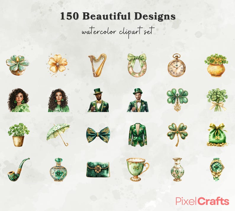 May include: A set of 150 watercolor clipart designs featuring various St. Patrick's Day themed illustrations, including shamrocks, harps, horseshoes, leprechauns, and more.