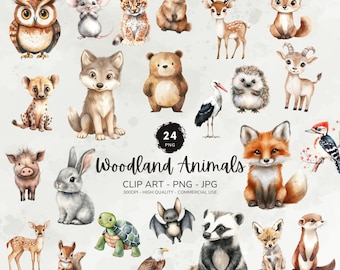 Watercolor Woodland Animals Clipart, Cute Baby Animals Pngs, Nursery Cute Animals Clipart Bundle, Baby Shower Files, Forest Animal Decor Set