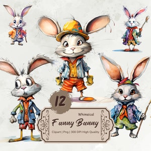 Watercolor Funny Rabbit Clipart, Whimsical Bunnies Png, Quirky Bunny Clipart, Forest Animals Clipart, Mixed Media, Digital Download Stickers