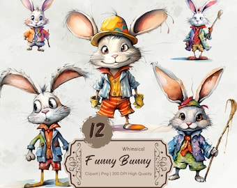 Watercolor Funny Rabbit Clipart, Whimsical Bunnies Png, Quirky Bunny Clipart, Forest Animals Clipart, Mixed Media, Digital Download Stickers