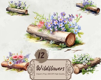 Widflowers Clipart, Wildflowers Log Clipart, Printable Wild Flowers Png, Spring Clipart, Floral Clipart, Botanical Clipart, Digital Download