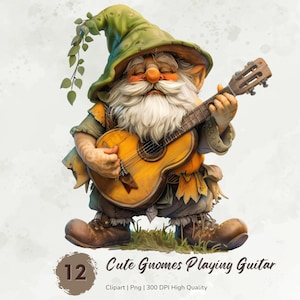 Aquarel Gnome Clipart, Gitaar spelen Gnome Clipart Bundel, Schattige Gnome Png Graphics, Kabouters Clipart, Gnome Sublimatie, Fantasy Clipart