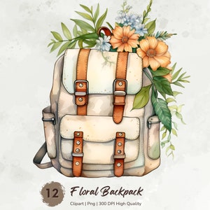 May include: A white canvas backpack with brown leather straps and buckles. The backpack is decorated with watercolor flowers in shades of orange, yellow, and blue.