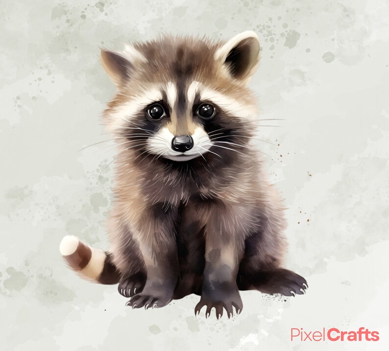 Puede incluir: Una pintura de acuarela de un lindo mapache con pelaje marr&oacute;n y negro. El mapache est&aacute; sentado sobre un fondo gris claro.