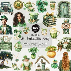 May include: A watercolor clipart bundle for St. Patrick's Day with 150 PNG images. The images include shamrocks, leprechauns, pots of gold, and other Irish symbols. The images are perfect for creating invitations, cards, and other crafts.