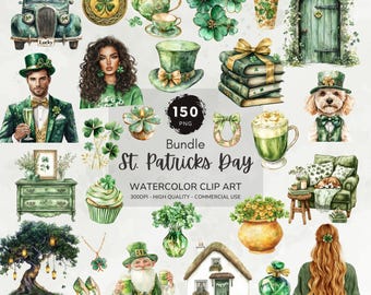 St Patricks Day Clipart Bundle, Lucky Clover Png, Irish Graphics, Cottagecore Clipart, Shamrock Png, Digital Stickers, Commercial Use