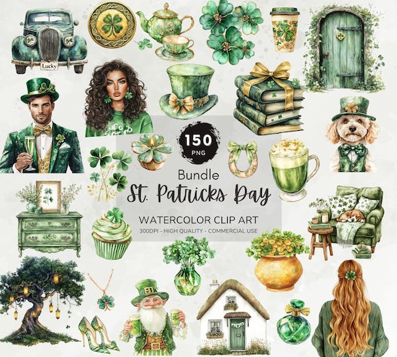 St Patricks Day Clipart Bundle, Lucky Clover Png, Irish Graphics, Cottagecore Clipart, Shamrock Png, Digital Stickers, Commercial Use