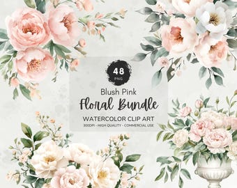 Watercolor Floral Clipart, Blush Pink Floral Clipart Bundle, Floral Arrangement, Pink Roses Png, Elegant Flowers Clipart, Commercial Use