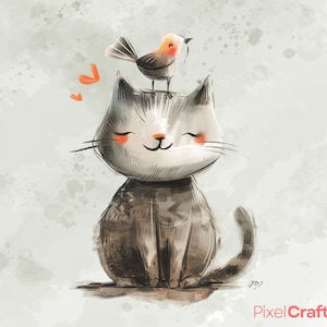Cute Bird & Cats Clipart, Cute Cat Png, Watercolor Birds Bundle