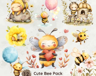 Watercolor Bee Clipart, Cute Bees Png, Honey Bee Png, Bees Graphics, Cute Animal Clipart, Nursery Decor, Honey Clipart, Instant Download