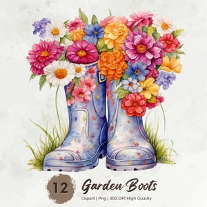 Watercolor Garden Boots Clipart, Wildflowers Clipart, Garden Clipart, Spring Clipart, Floral Png, Mixed Media, Card Making, Digital Download