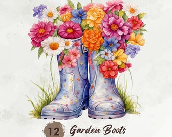 Watercolor Garden Boots Clipart, Wildflowers Clipart, Garden Clipart, Spring Clipart, Floral Png, Mixed Media, Card Making, Digital Download