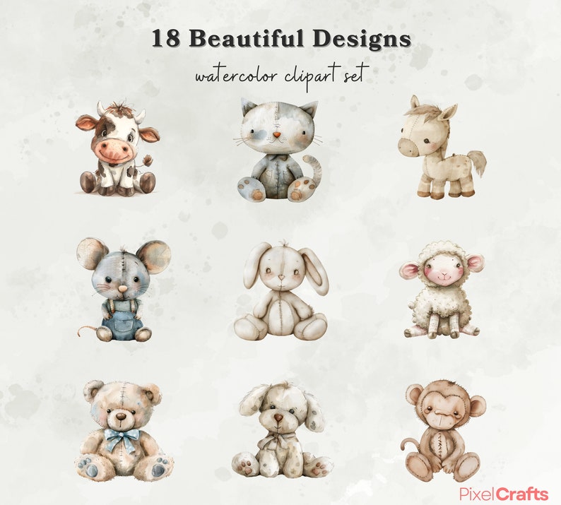 Watercolor Plush Animals Clipart, Vintage Nursery Animal Clipart Bundle ...
