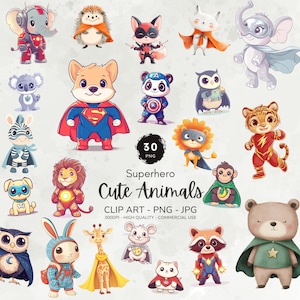 Superhero Animals Clipart, Cute Animals Png, Whimsical Animal Graphics, Watercolor Baby Animals Nursery, Commercial Use, Instant Download
