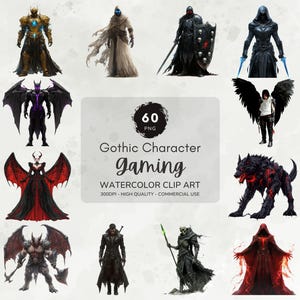 Clipart z postaciami z gier gotyckich, Clipart z gier wideo, Grafika dla graczy, Pakiet clipartów fantasy, Clipart z akwarelami do wydrukowania, Pobierz grafikę z gier
