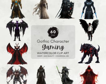 Gothic Game Character Clipart, Video Game Clipart, Gamer Graphics, Fantasy Clipart Bundle, Printable Watercolor Clipart, Game Art Download