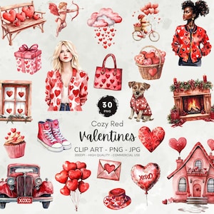 Cozy Valentines Clipart Bundle, Valentine Graphics, Romantic Clipart, Valentines Day Pngs, Heart Balloons, Valentines Cuteness Png Download