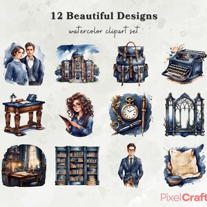 Op de afbeelding: Watercolor clipart set met 12 prachtige ontwerpen. De ontwerpen omvatten een stel, een gebouw, een rugzak, een typemachine, een bureau, een lezende persoon, een zakhorloge, een pen, een gotisch raam, een studeerkamer, een boekenkast, een persoon in een pak en een perkament.