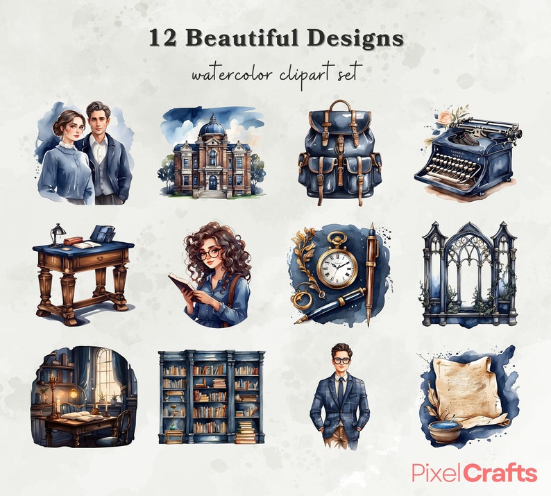Dark Academia Clipart Bundle, Watercolor Dark Academia Png, University ...
