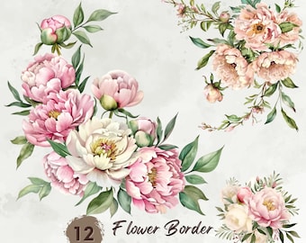 Watercolor Flower Border Clipart, Floral Clipart, Flowers Corner Decoration Png, Peony, Wildflowers Clipart, Wildflowers Frame, Mixed Media